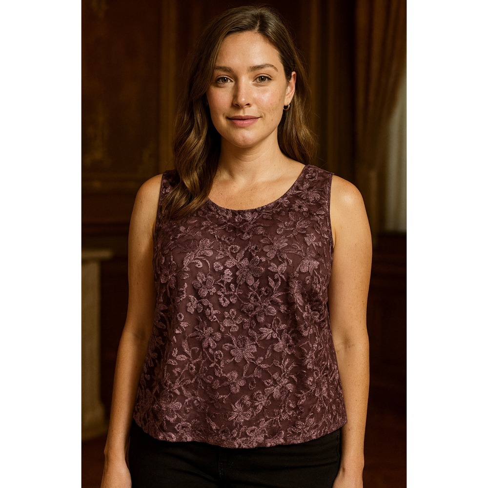 Purple Floral Lace Blouse SZ XL Sleeveless Elegant Party Cocktail Wedding‎ Top
